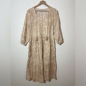 Magaschoni Womens Linen Drop Waist Midi Dress Small Beige Floral Tasseled